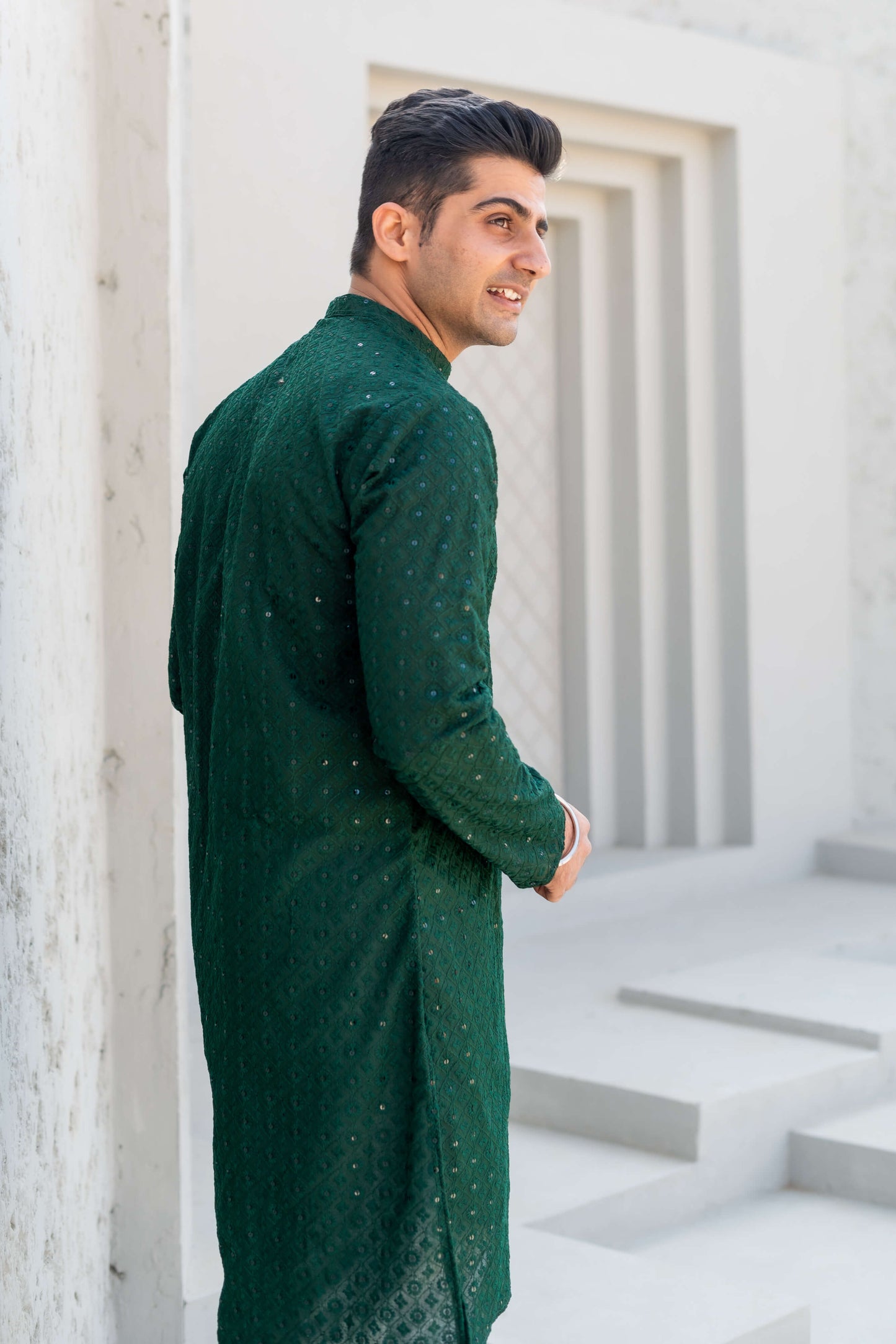 The Dark Green Chikan Kari Long Kurta With Sequins Work