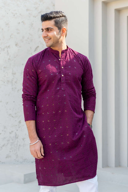 Indian men wearing wine color chikankari long kurta for men