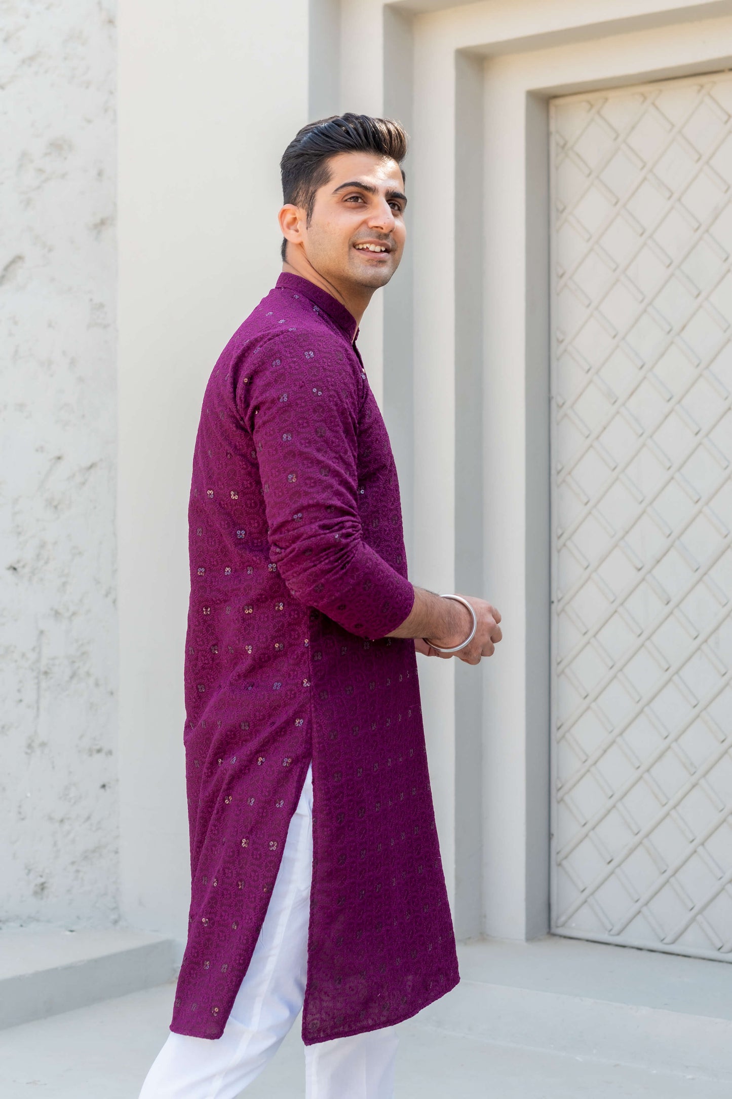 The Wine Colour Chikan Kari Long Kurta With Sequins Work