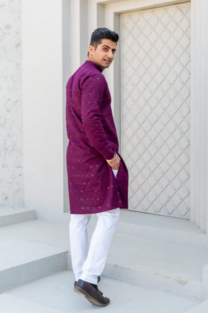 The Wine Colour Chikan Kari Long Kurta With Sequins Work