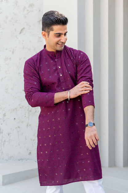 The Wine Colour Chikan Kari Long Kurta With Sequins Work