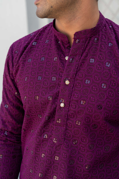 wine color chikan kari kurta for men perfect for wedding