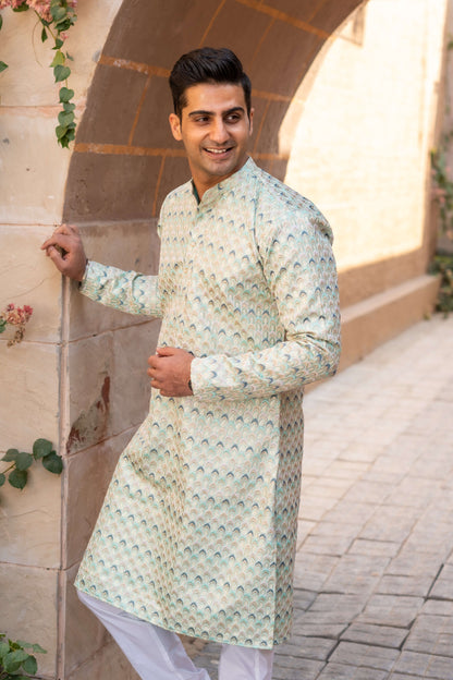 Sea green long kurta with embroidery work