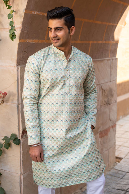 Indian man wearing sea green long kurta.