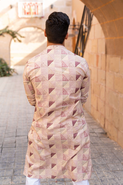 The Tribal Geometric Foil Print Long Kurta In Off-White And Pastel Pink Color