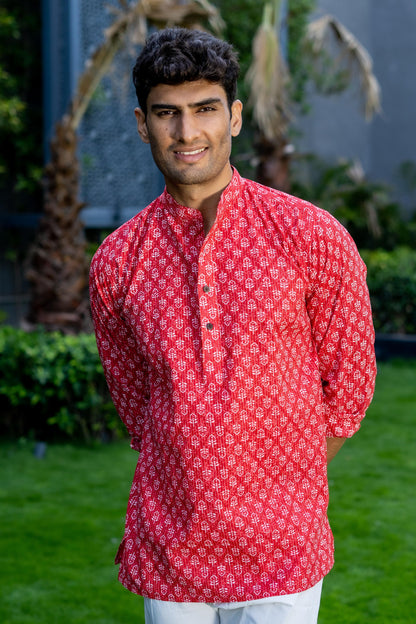 The Red Kantha Work Short Kurta With White Butti Print