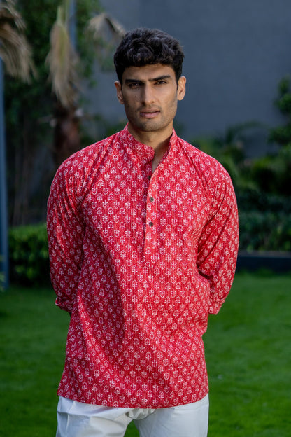 The Red Kantha Work Short Kurta With White Butti Print