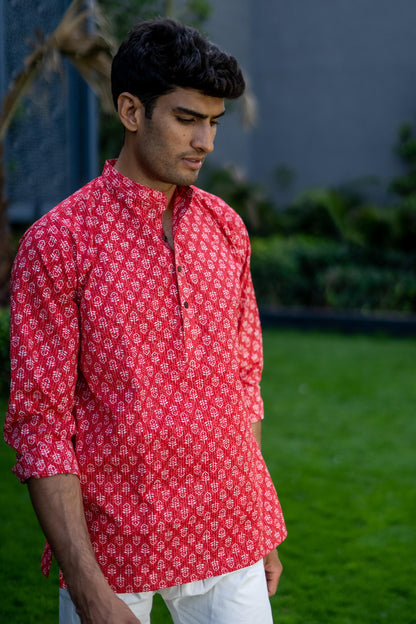 The Red Kantha Work Short Kurta With White Butti Print