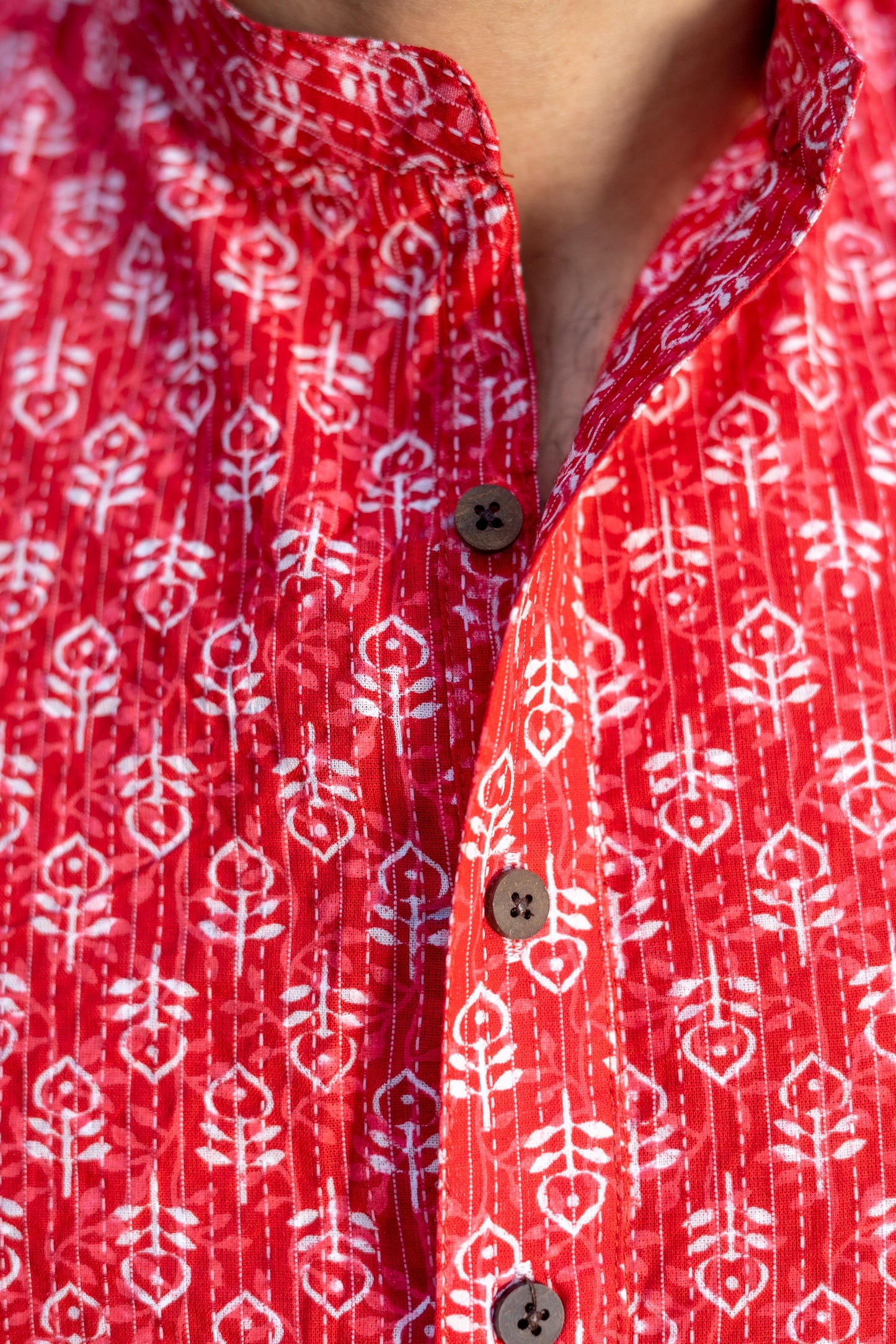 The Red Kantha Work Short Kurta With White Butti Print