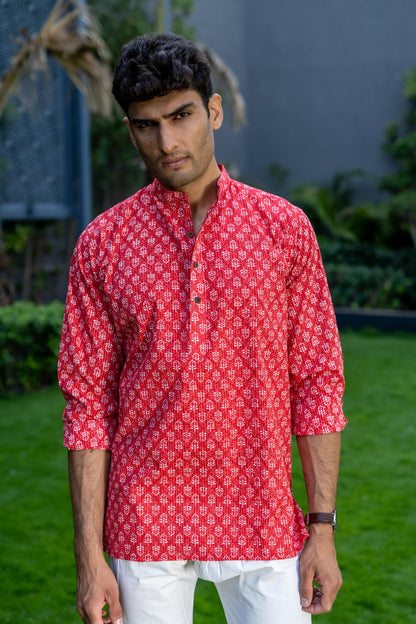 The Red Kantha Work Short Kurta With White Butti Print