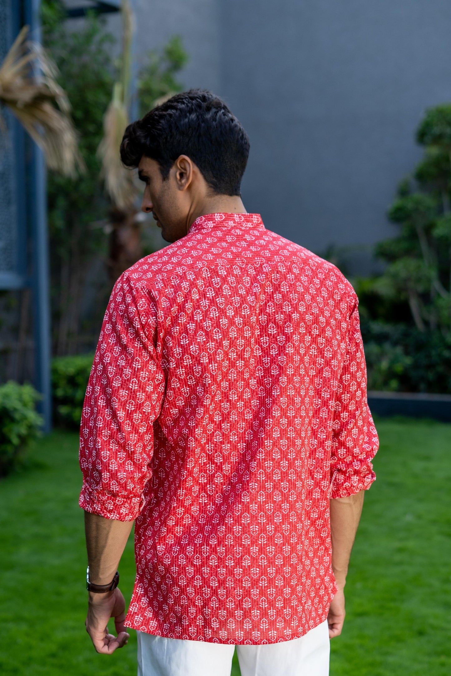 The Red Kantha Work Short Kurta With White Butti Print