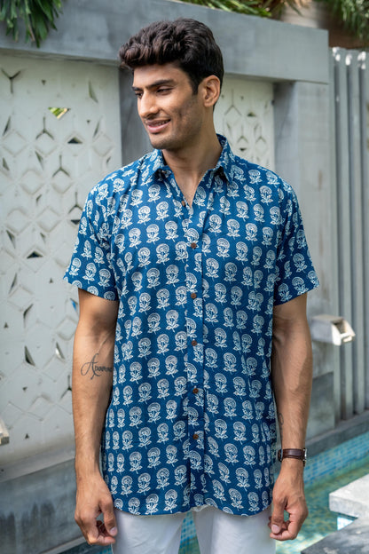 The Agean Blue Shirt With Flower Print (Half Sleeves)