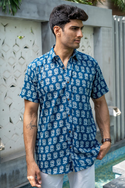 The Agean Blue Shirt With Flower Print (Half Sleeves)