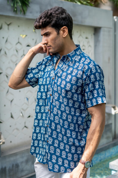 The Agean Blue Shirt With Flower Print (Half Sleeves)