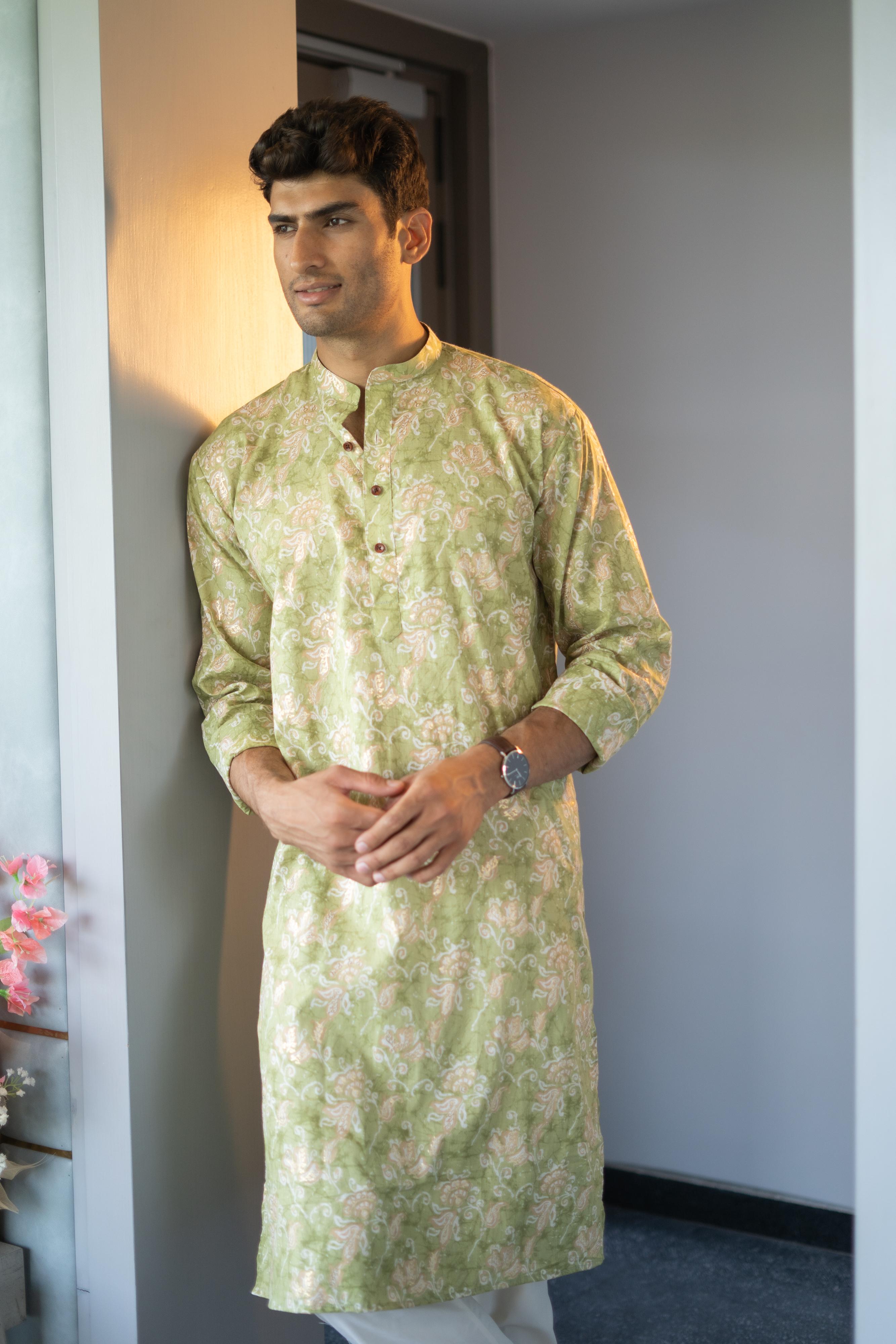 The Marble Green All-Over Floral Print Long Kurta With Foil Work