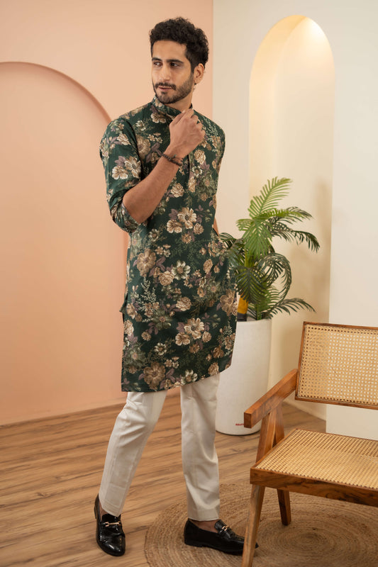 The Pine Green Long Kurta With Botanical Print