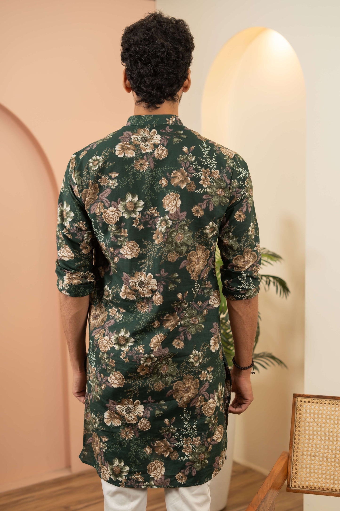 The Pine Green Long Kurta With Botanical Print