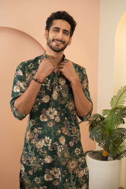 The Pine Green Long Kurta With Botanical Print