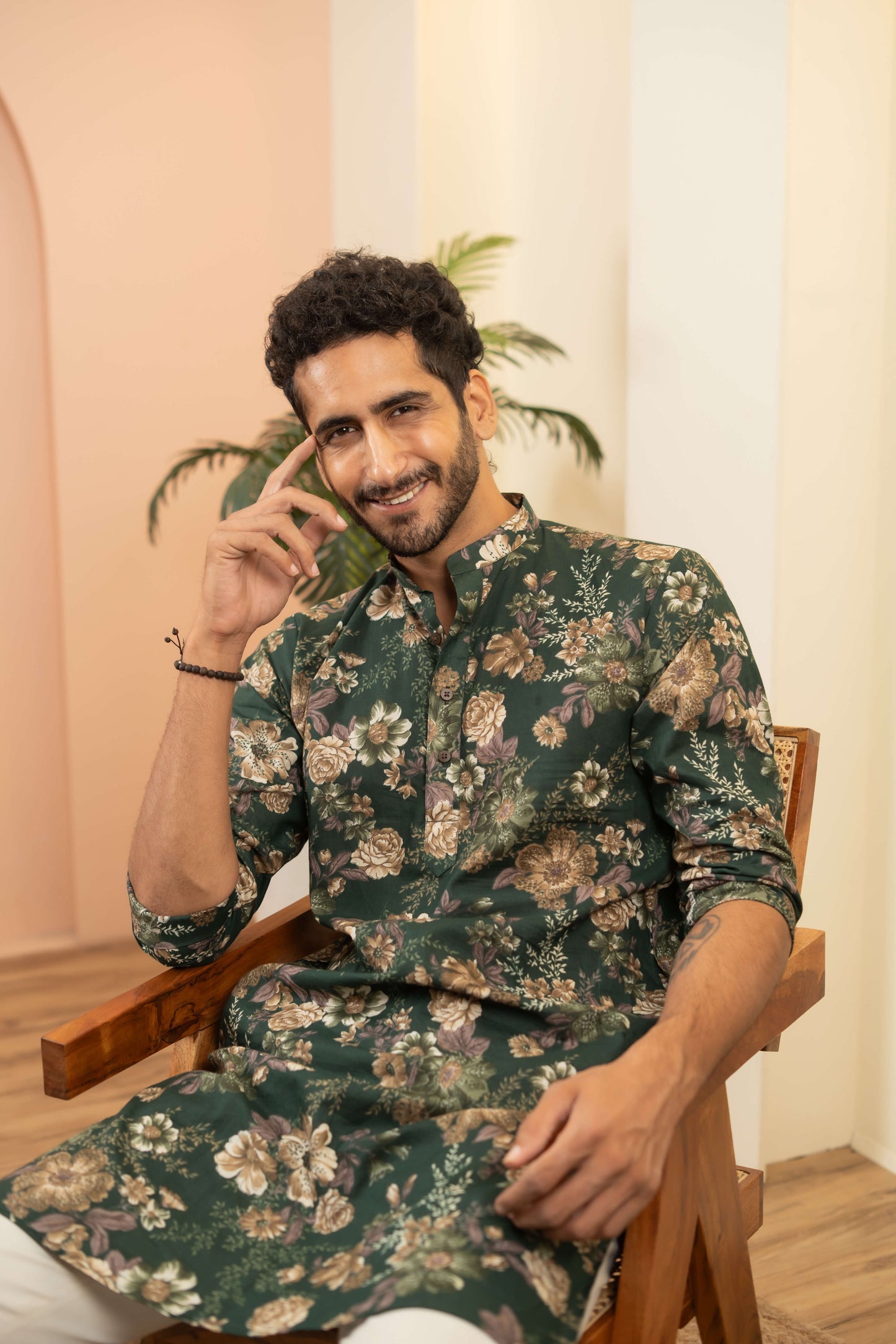 The Pine Green Long Kurta With Botanical Print