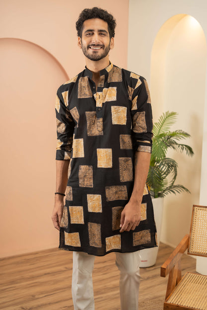 The Black Long Kurta With Golden Floral Blocks Print