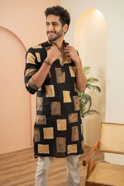 The Black Long Kurta With Golden Floral Blocks Print