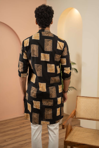 The Black Long Kurta With Golden Floral Blocks Print