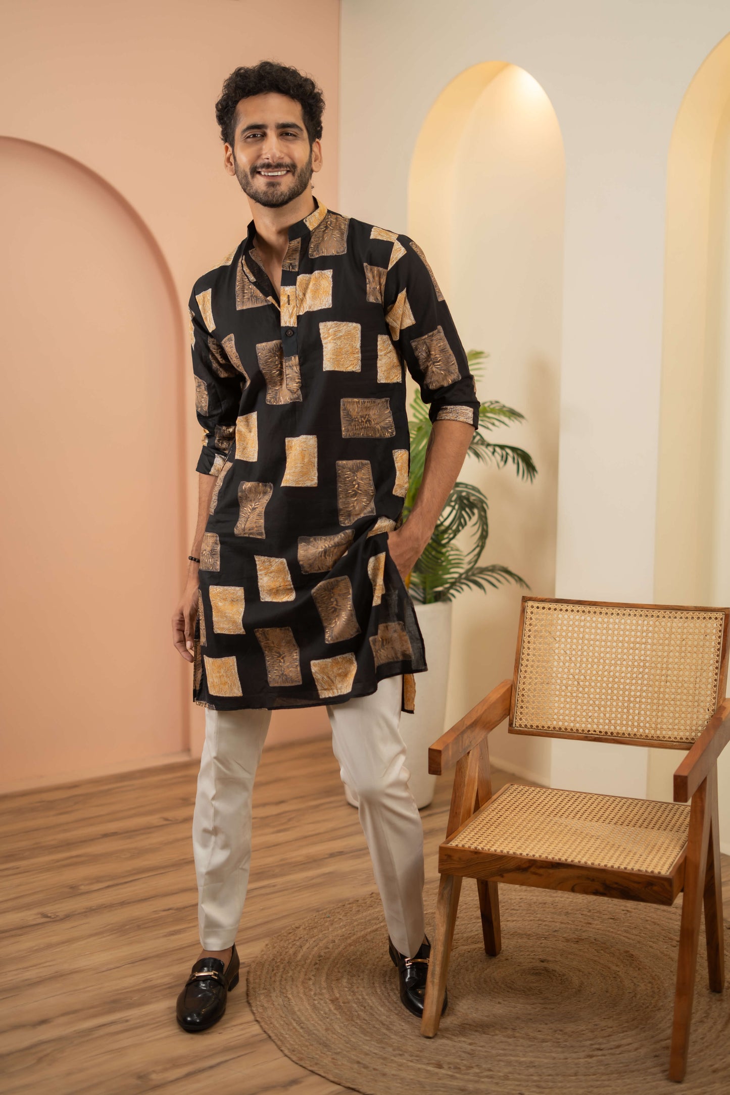 The Black Long Kurta With Golden Floral Blocks Print