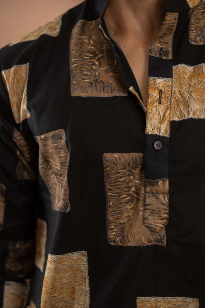 The Black Long Kurta With Golden Floral Blocks Print