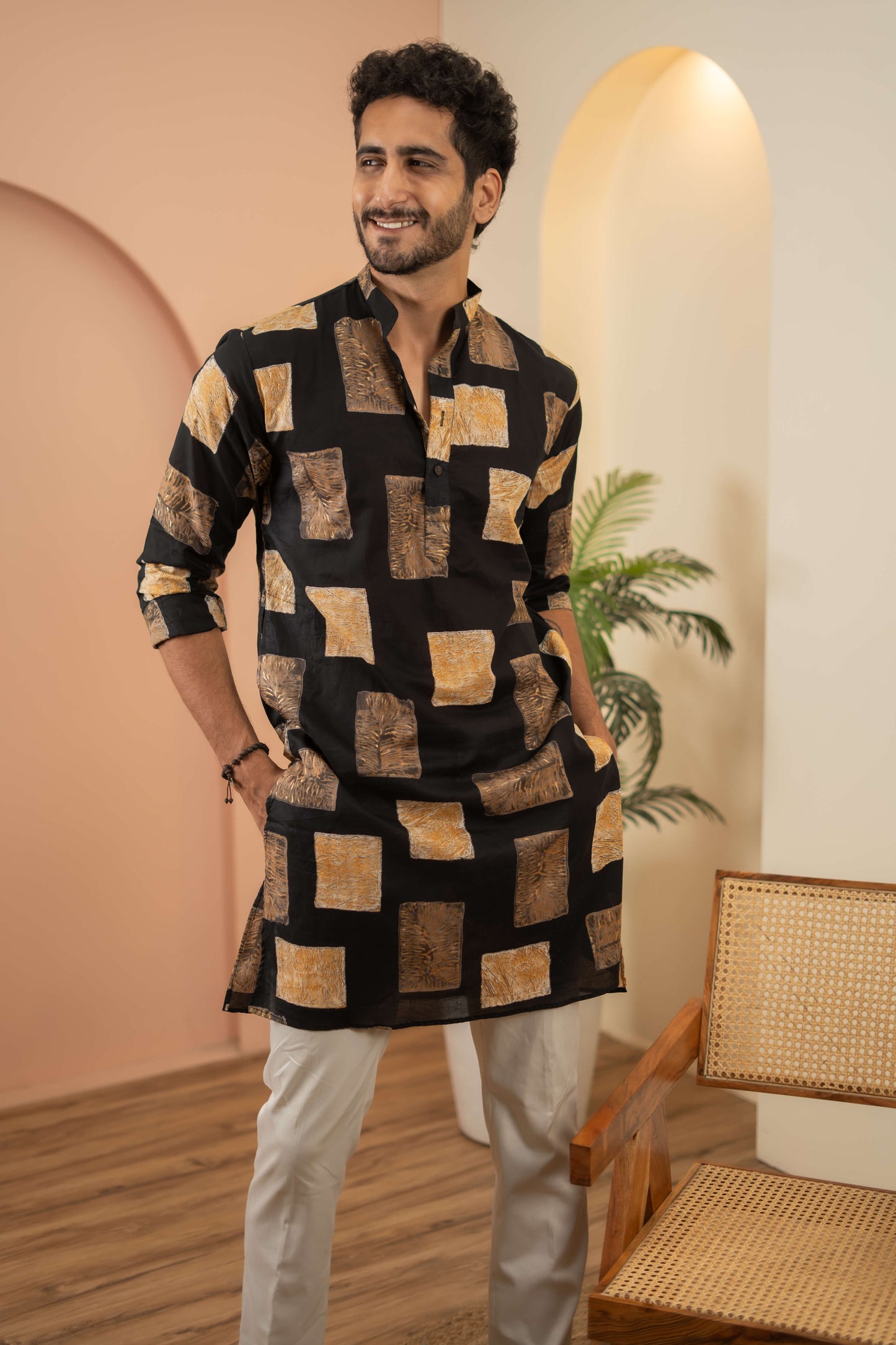 The Black Long Kurta With Golden Floral Blocks Print