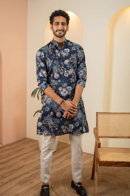 The Berry Blue Long Kurta With Botanical Print