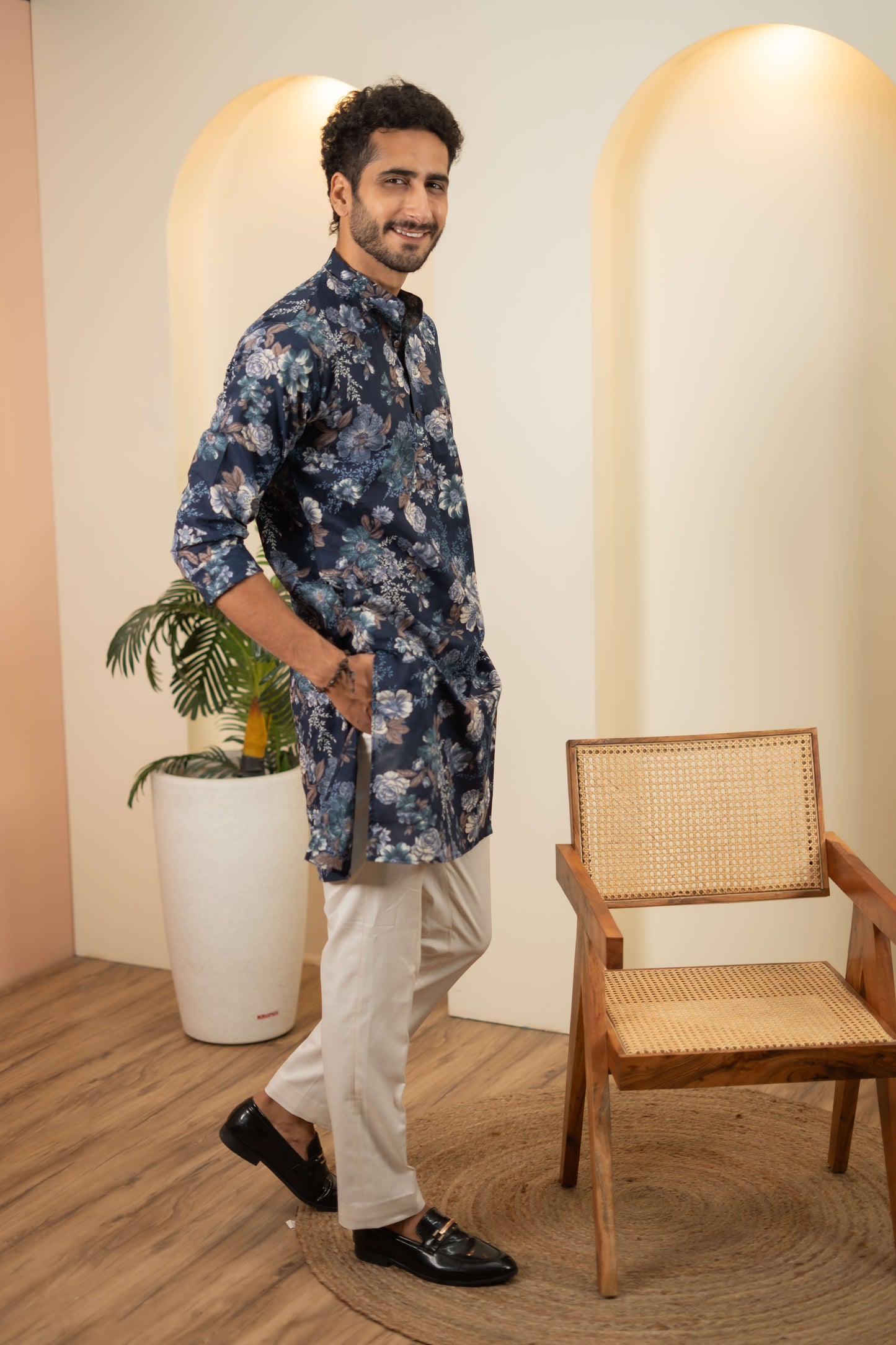 The Berry Blue Long Kurta With Botanical Print