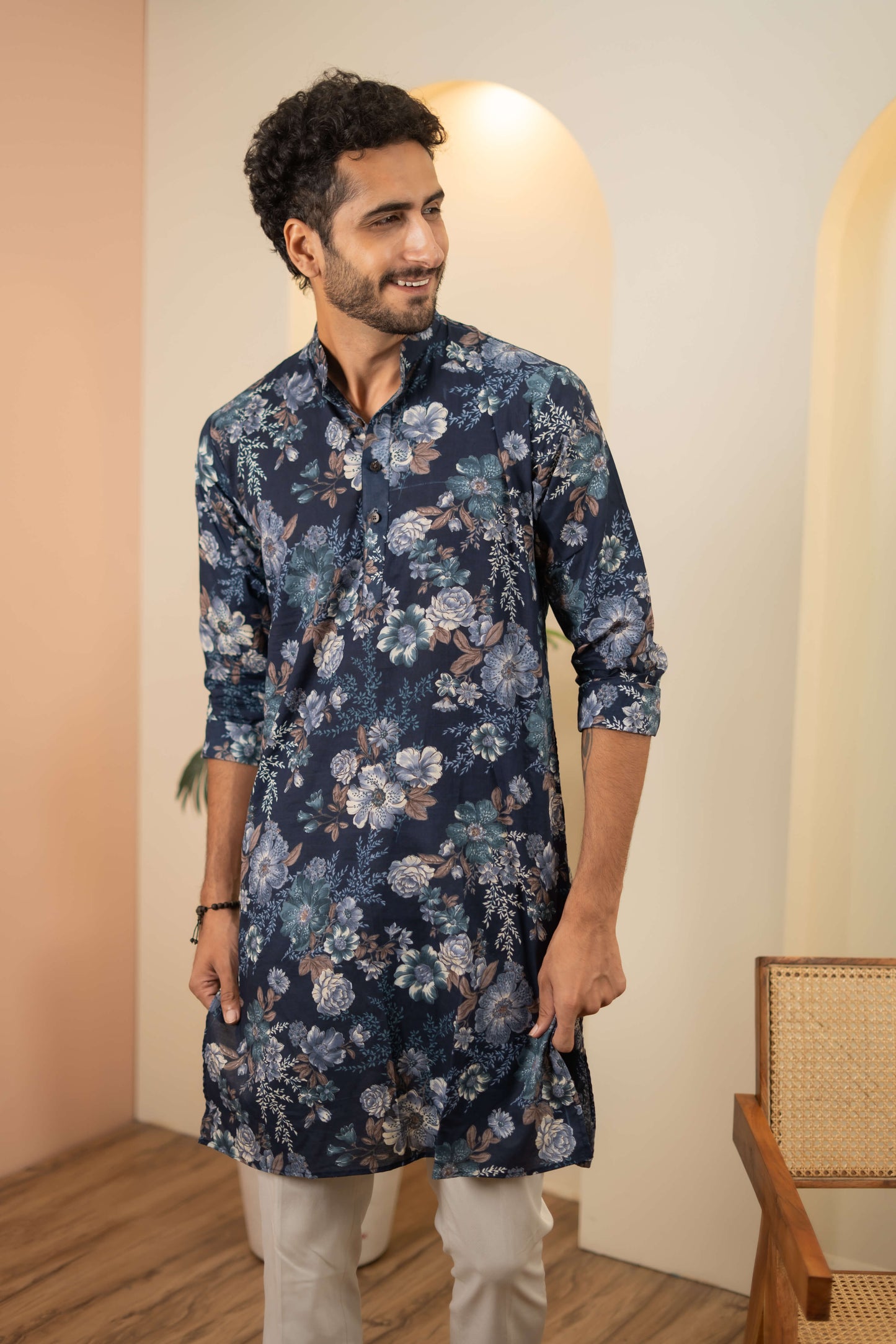 The Berry Blue Long Kurta With Botanical Print