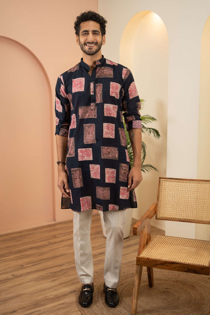 The Navy Blue Long Kurta With Pink Floral Blocks Print