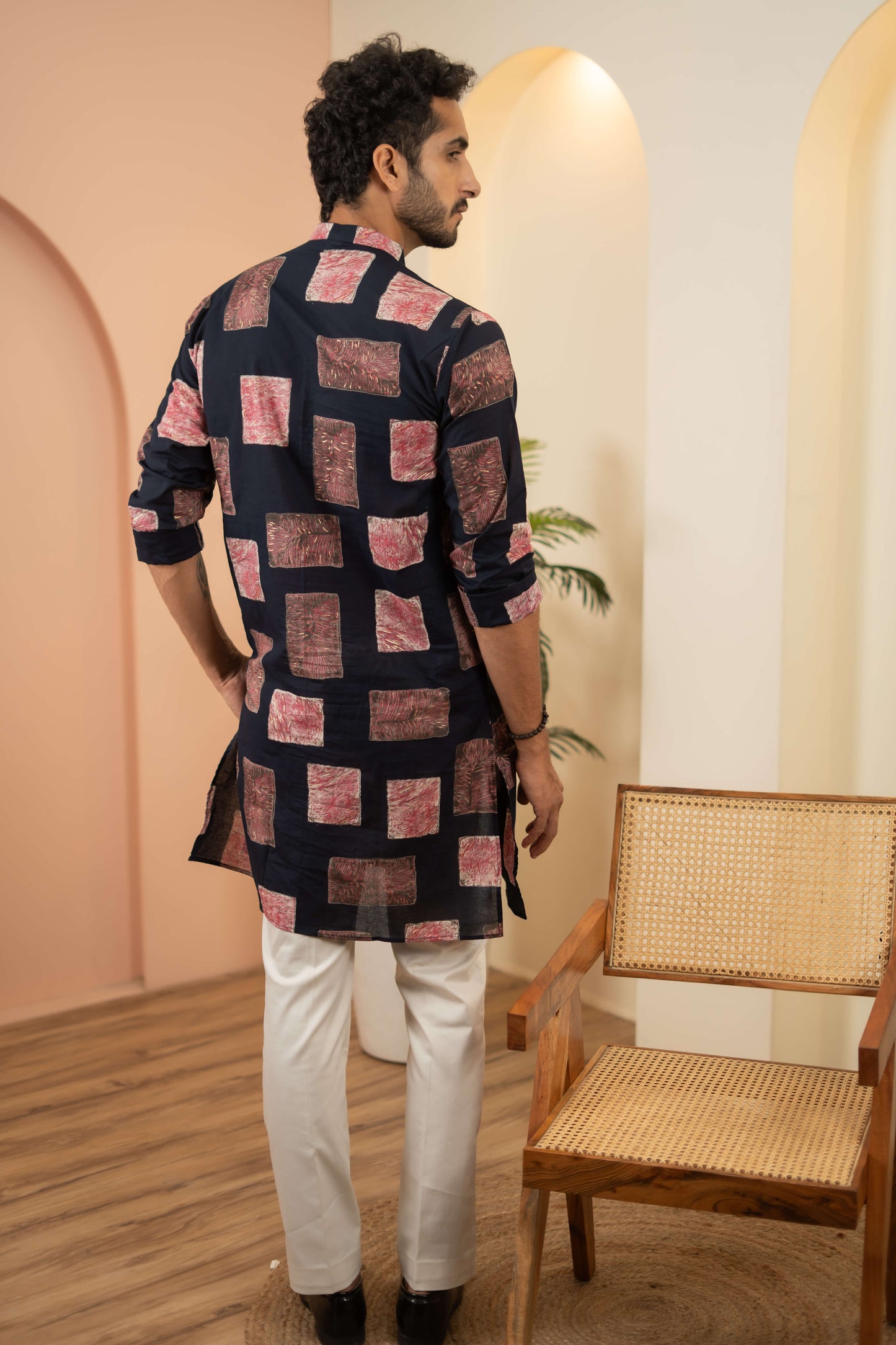 The Navy Blue Long Kurta With Pink Floral Blocks Print