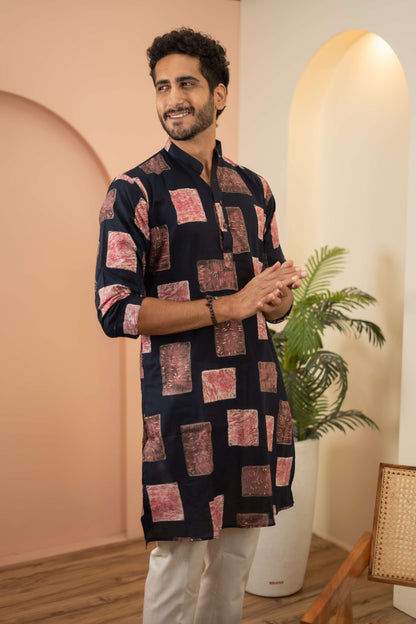 The Navy Blue Long Kurta With Pink Floral Blocks Print