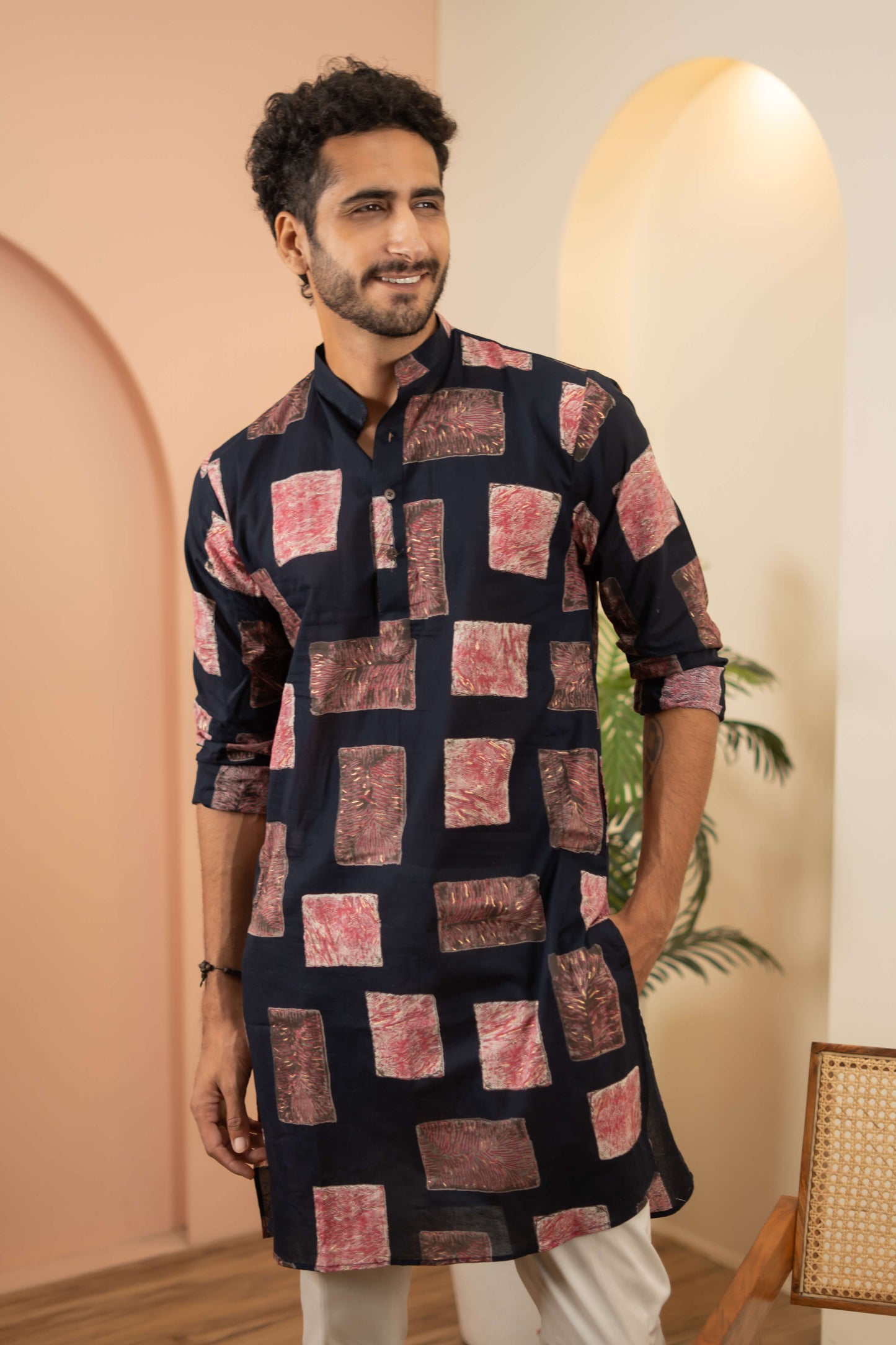 The Navy Blue Long Kurta With Pink Floral Blocks Print