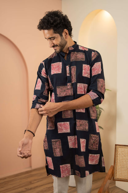 The Navy Blue Long Kurta With Pink Floral Blocks Print