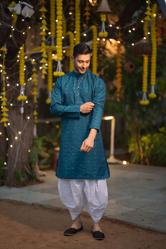 The French Blue Long Kurta With Thread and Sequins Work