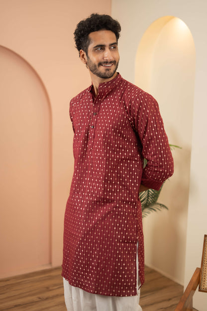 The Berry Red Long Kurta With Golden Stripe Zari Work