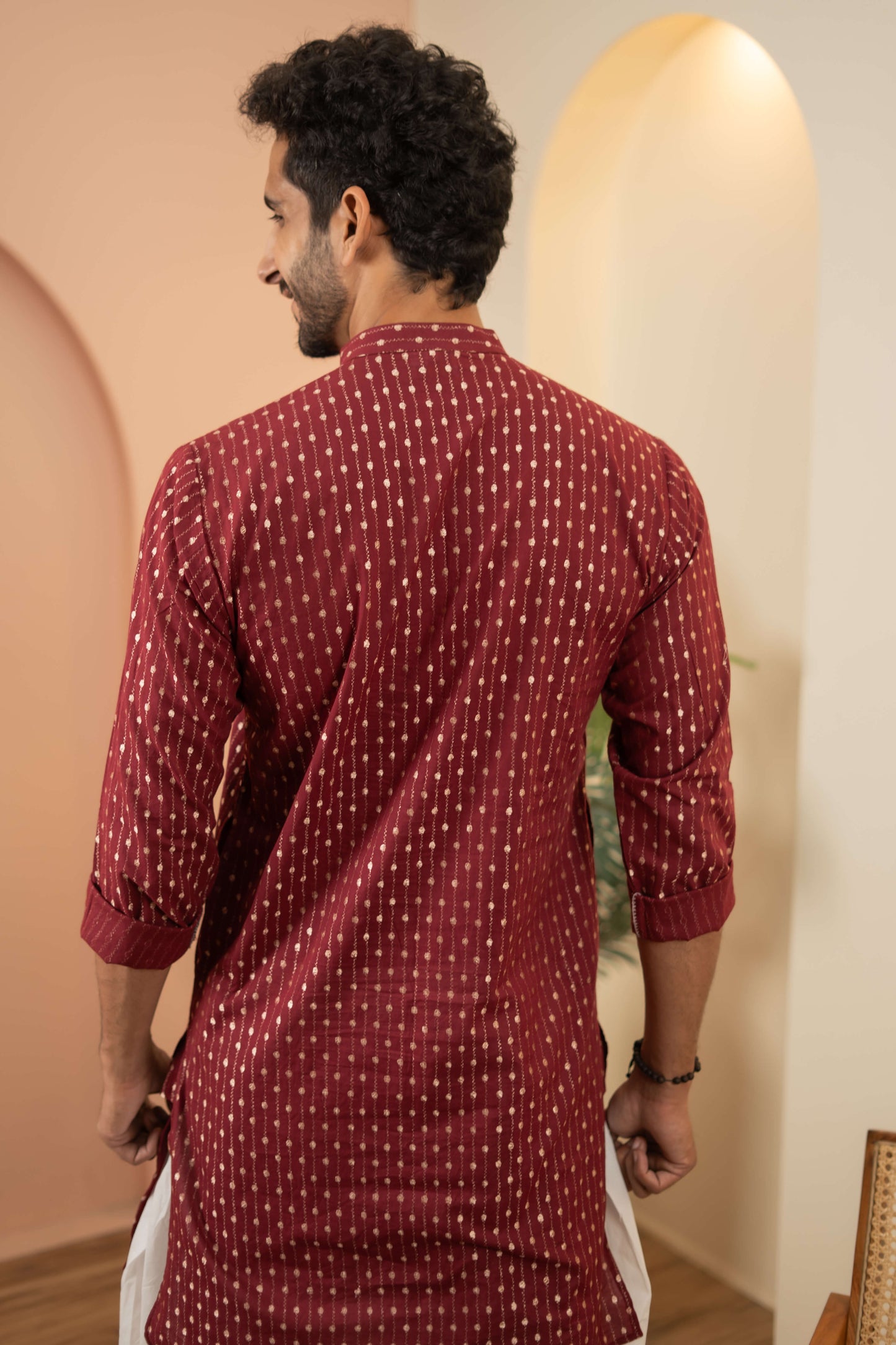 The Berry Red Long Kurta With Golden Stripe Zari Work