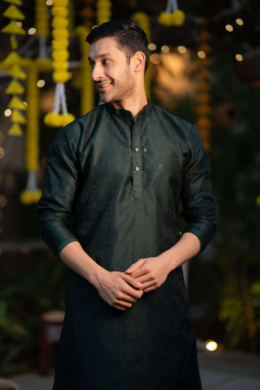 The Green Long Kurta With Butti Embroidery And Sequins Work