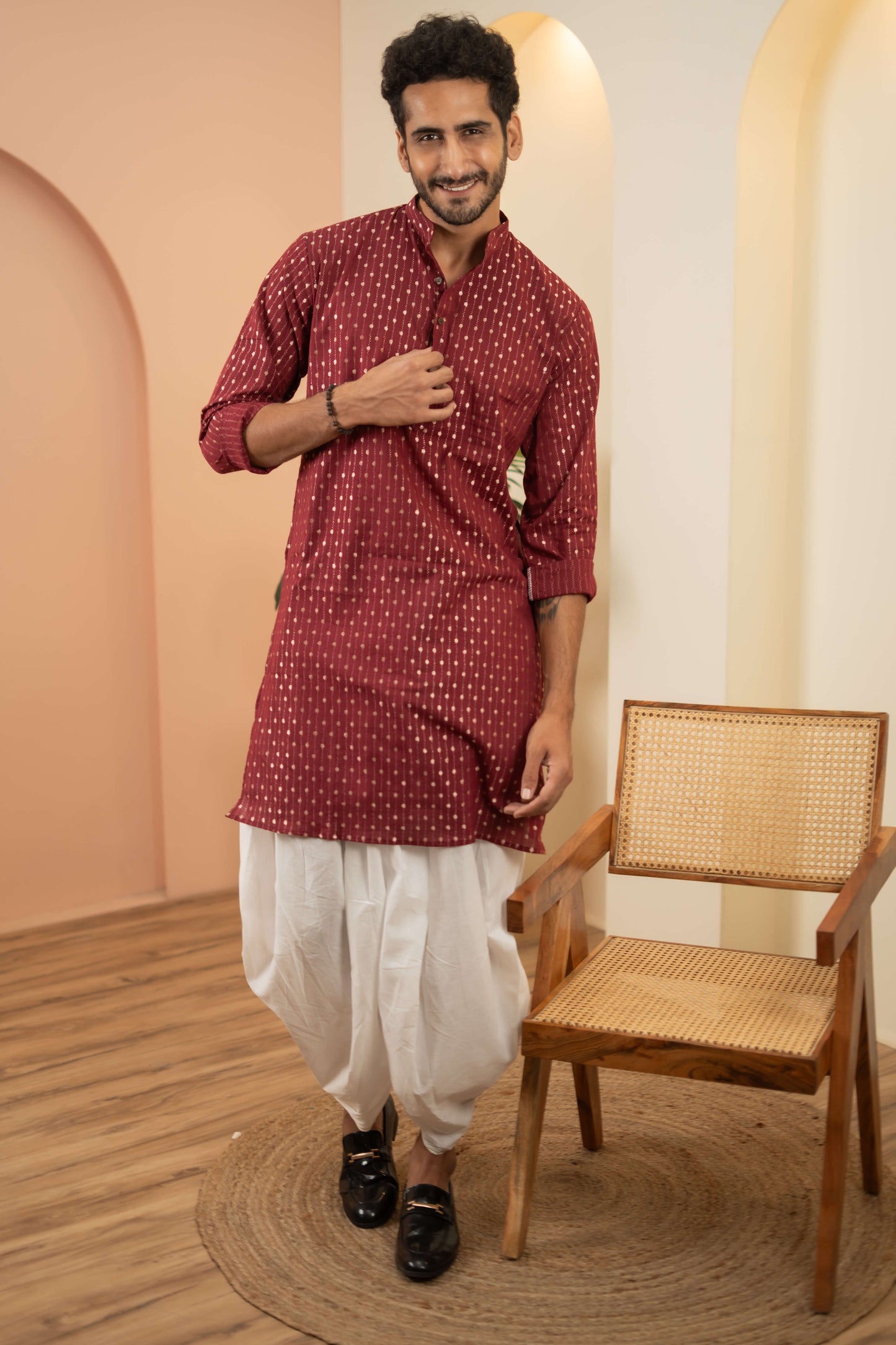 The Berry Red Long Kurta With Golden Stripe Zari Work