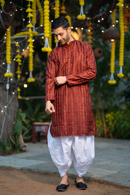 The Rusty Red Long Kurta With Zari Work And Tribal Print