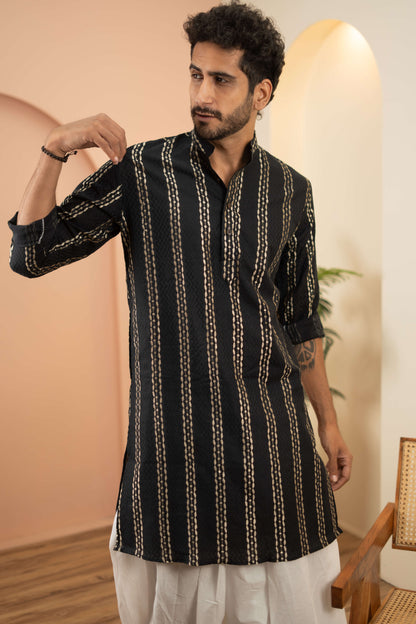 The Black Long Kurta With Golden Stripe Zari Work