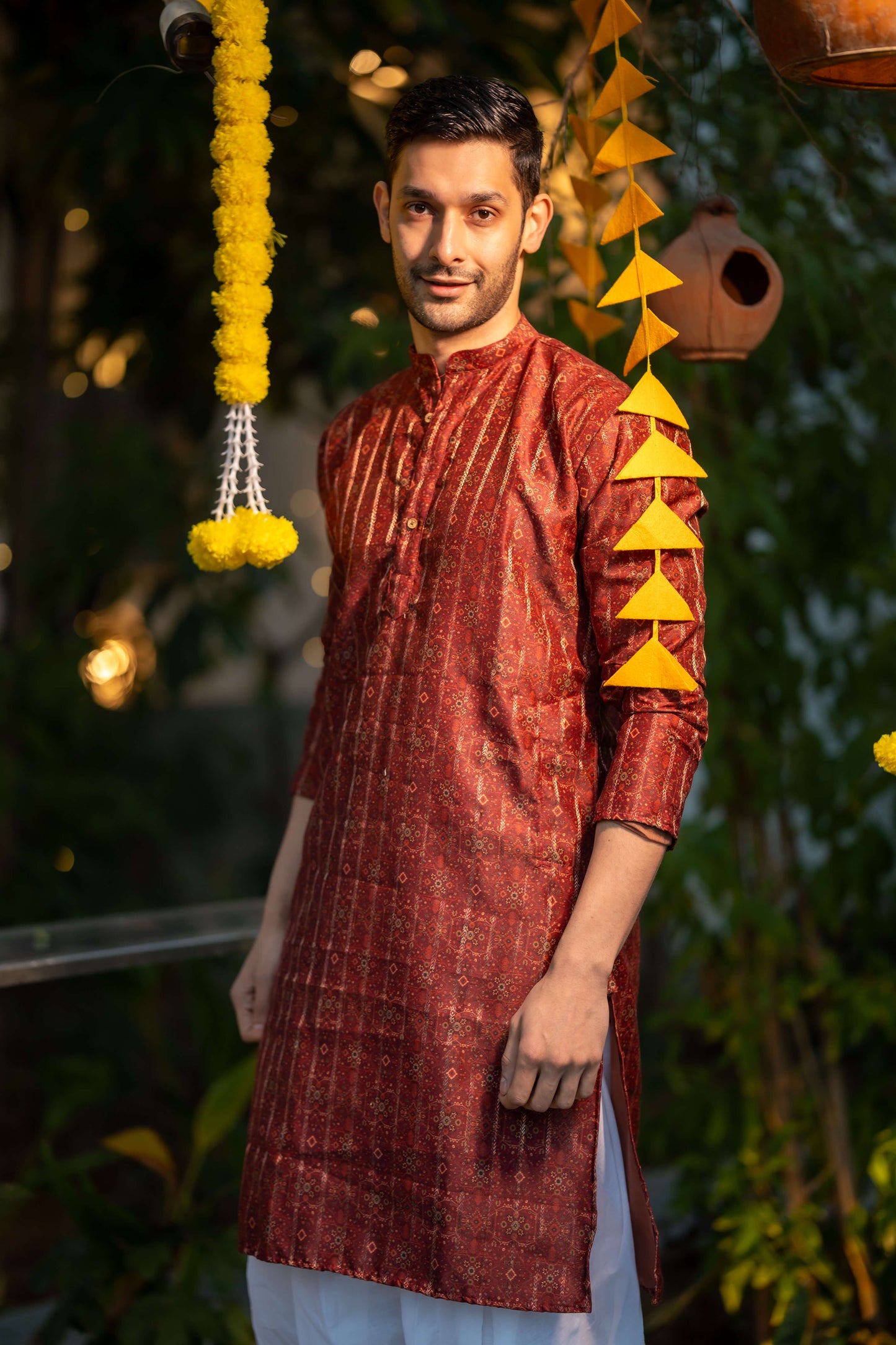 The Rusty Red Long Kurta With Zari Work And Tribal Print