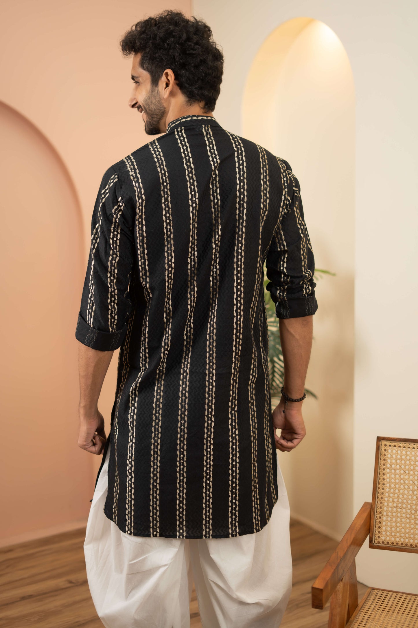 The Black Long Kurta With Golden Stripe Zari Work