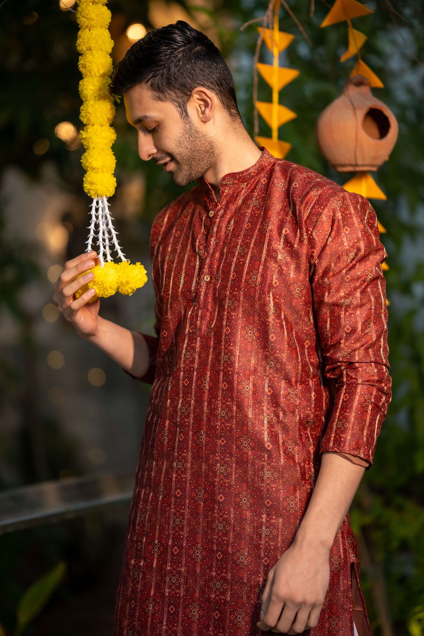 The Rusty Red Long Kurta With Zari Work And Tribal Print