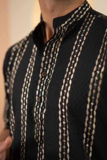 The Black Long Kurta With Golden Stripe Zari Work