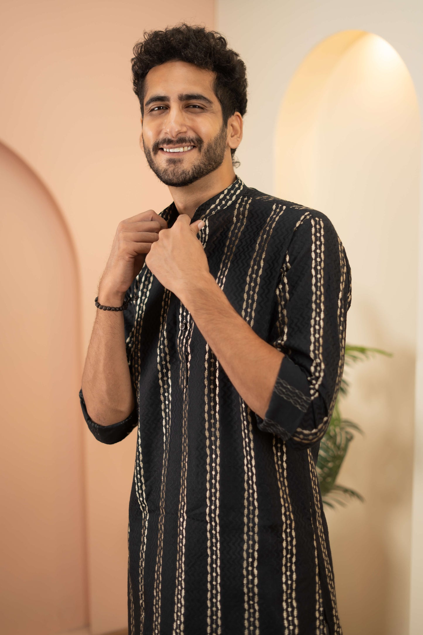 The Black Long Kurta With Golden Stripe Zari Work