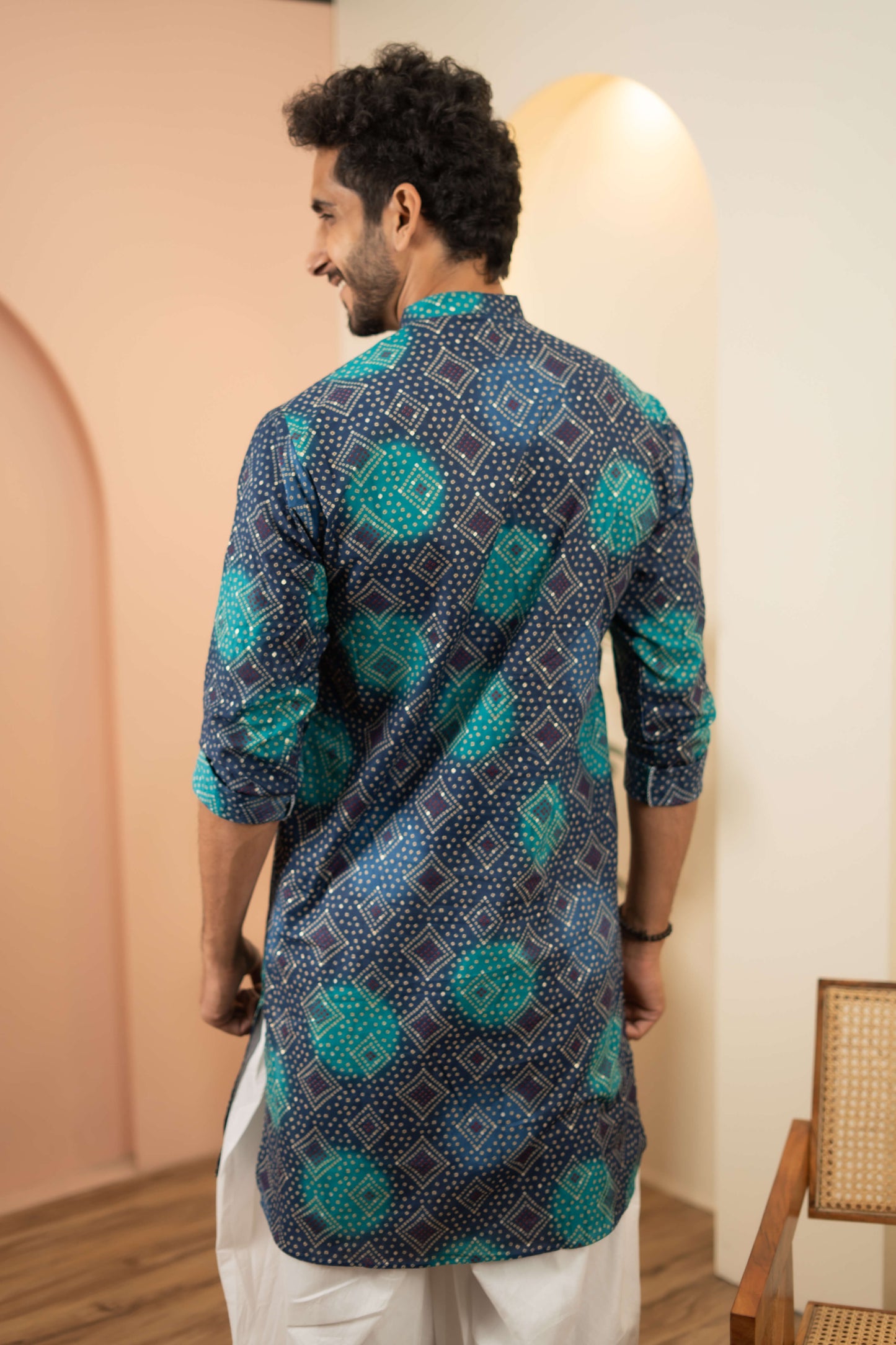 The Imperial Blue Foil Print Long Kurta With Bandhani Print